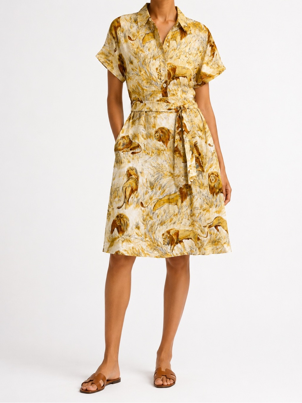 Rare Hermès Vintage 90s Lion Safari Cotton Belted Dress L